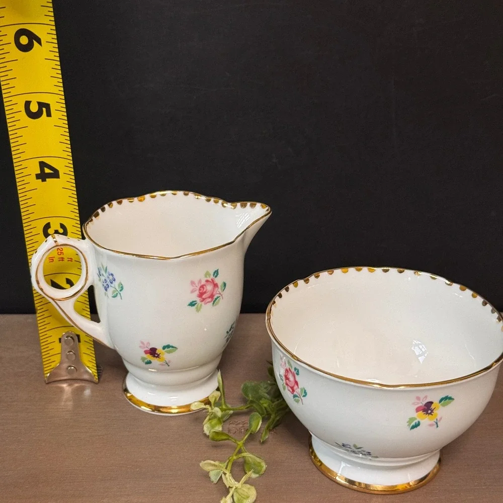 Vintage Royal Stafford Rose Pansy Forget Me Not Bone China Creamer & Sugar set